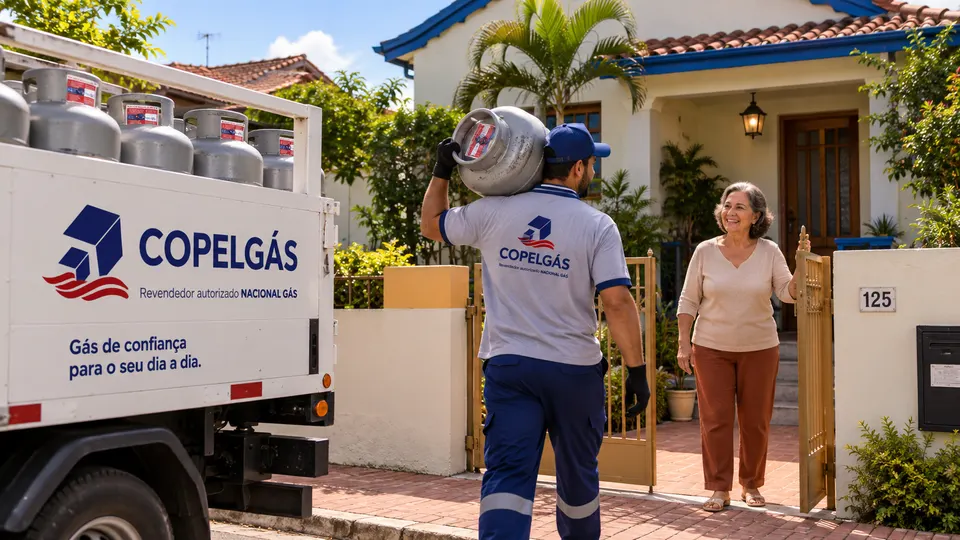 Entregador da Copel Gás leva um botijão P13 até o portão de uma cliente, com o caminhão da revenda estacionado ao lado