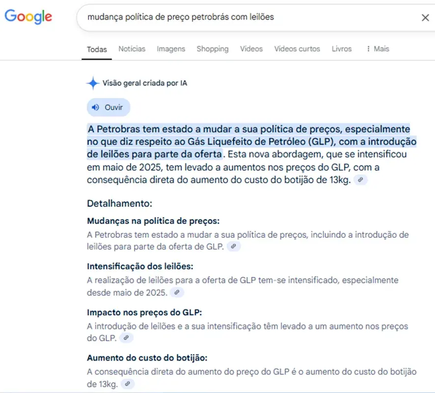 Resultado de busca sobre a mudança na política de preços da Petrobras com leilões